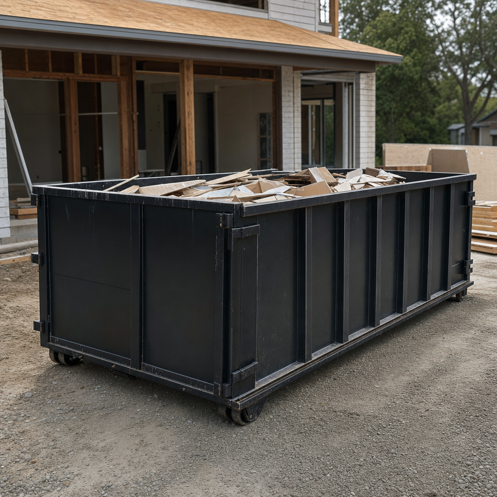 Large matte-black 30-yard construction roll-off dumpster at an active Taylorsville jobsite, steel-gray top rails and bottom rollers visible, loaded with construction debris.