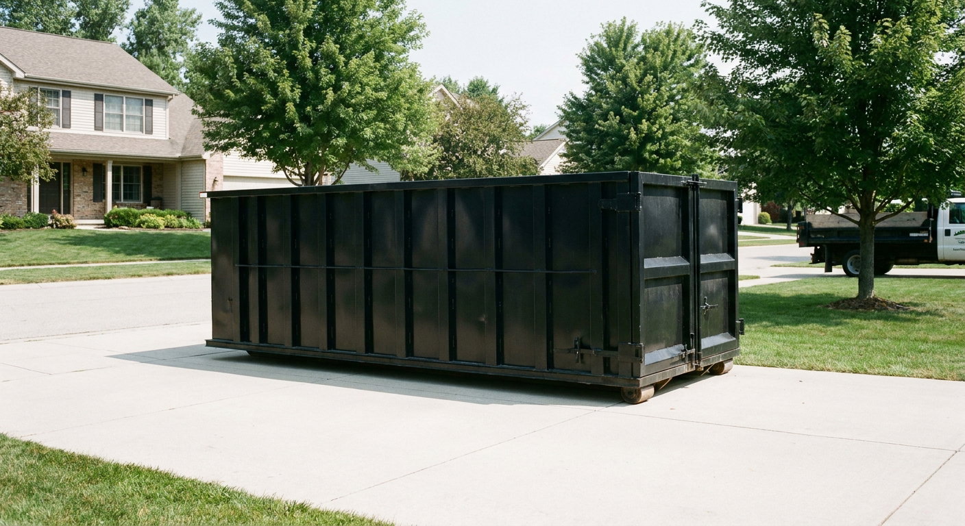 Matte-black 20-yard roll-off dumpster sitting level on a clean Taylorsville residential concrete driveway under bright daylight, demonstrating clean placement directly on the concrete.