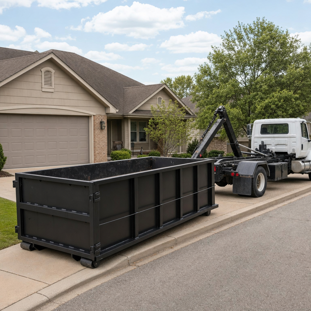 Wide documentary shot of a matte-black roll-off dumpster on a Taylorsville residential driveway in the foreground and a contractor jobsite container in the soft-focus background, bright daylight, calm and orderly composition.